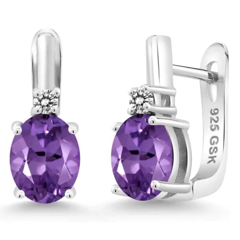 925 Sterling Silver with 3.45 Cttw Amethyst and White Diamond Oval Drop Earrings
